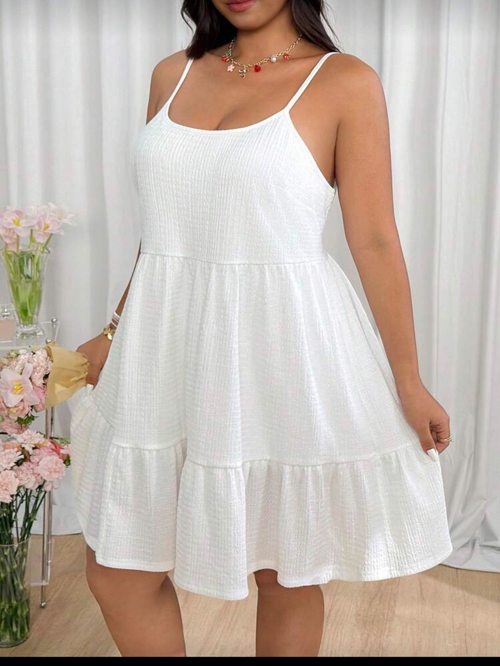 SHEIN White Tiered Spaghetti-Strap Mini Dress